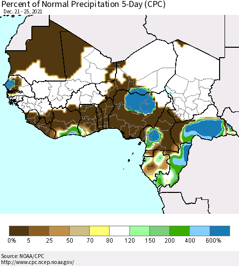 Western Africa Percent of Normal Precipitation 5-Day (CPC) Thematic Map For 12/21/2021 - 12/25/2021