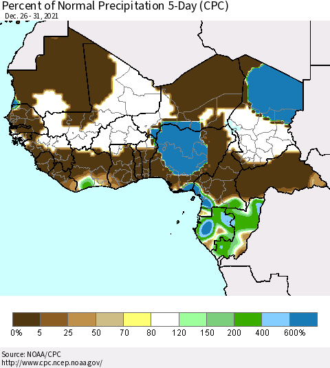 Western Africa Percent of Normal Precipitation 5-Day (CPC) Thematic Map For 12/26/2021 - 12/31/2021