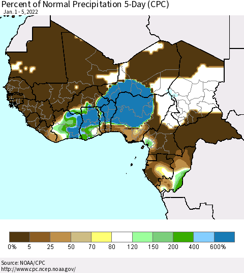 Western Africa Percent of Normal Precipitation 5-Day (CPC) Thematic Map For 1/1/2022 - 1/5/2022