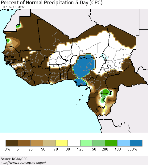 Western Africa Percent of Normal Precipitation 5-Day (CPC) Thematic Map For 1/6/2022 - 1/10/2022