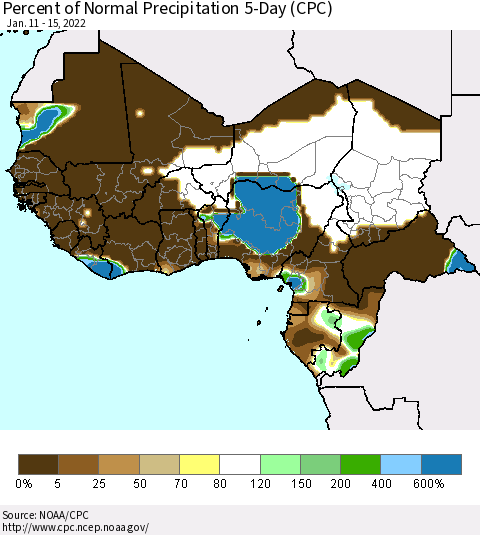 Western Africa Percent of Normal Precipitation 5-Day (CPC) Thematic Map For 1/11/2022 - 1/15/2022