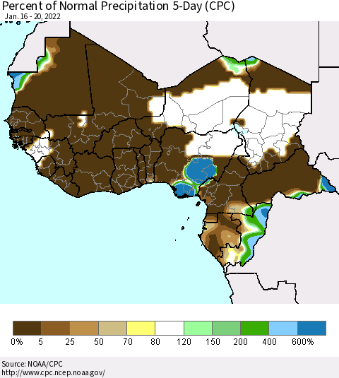 Western Africa Percent of Normal Precipitation 5-Day (CPC) Thematic Map For 1/16/2022 - 1/20/2022