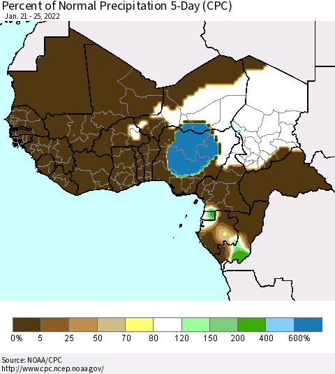 Western Africa Percent of Normal Precipitation 5-Day (CPC) Thematic Map For 1/21/2022 - 1/25/2022