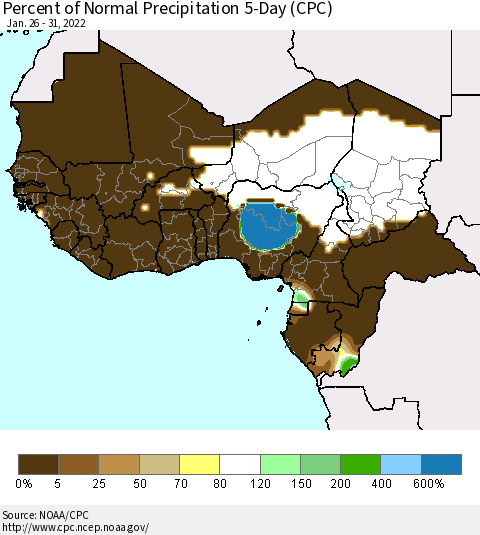 Western Africa Percent of Normal Precipitation 5-Day (CPC) Thematic Map For 1/26/2022 - 1/31/2022