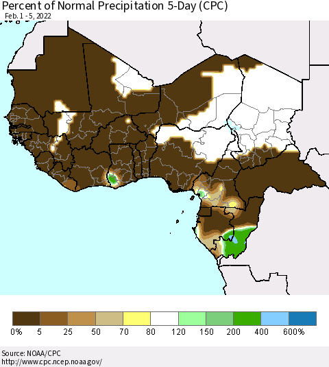 Western Africa Percent of Normal Precipitation 5-Day (CPC) Thematic Map For 2/1/2022 - 2/5/2022