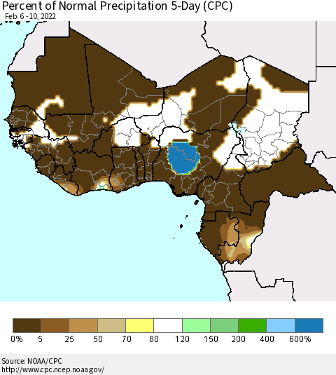 Western Africa Percent of Normal Precipitation 5-Day (CPC) Thematic Map For 2/6/2022 - 2/10/2022