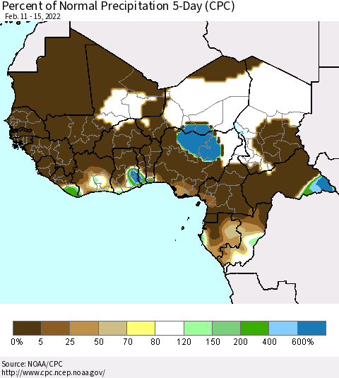 Western Africa Percent of Normal Precipitation 5-Day (CPC) Thematic Map For 2/11/2022 - 2/15/2022