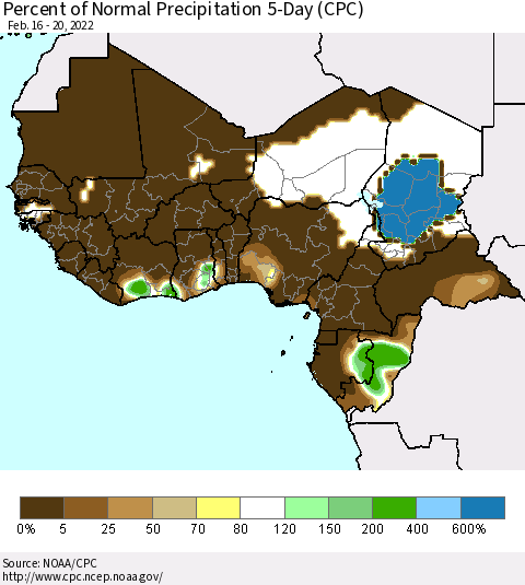 Western Africa Percent of Normal Precipitation 5-Day (CPC) Thematic Map For 2/16/2022 - 2/20/2022