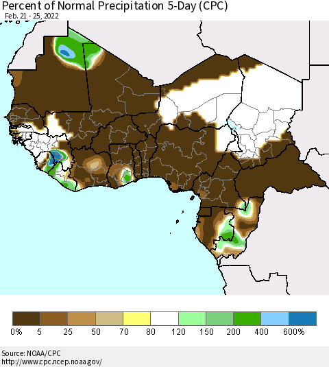 Western Africa Percent of Normal Precipitation 5-Day (CPC) Thematic Map For 2/21/2022 - 2/25/2022