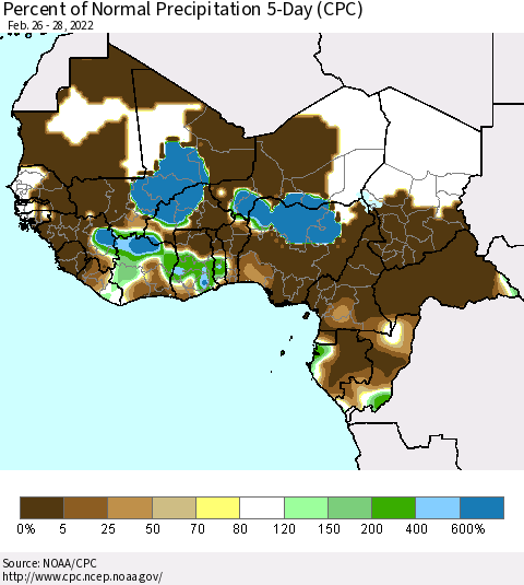 Western Africa Percent of Normal Precipitation 5-Day (CPC) Thematic Map For 2/26/2022 - 2/28/2022