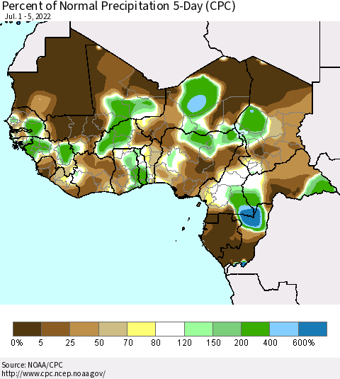 Western Africa Percent of Normal Precipitation 5-Day (CPC) Thematic Map For 7/1/2022 - 7/5/2022