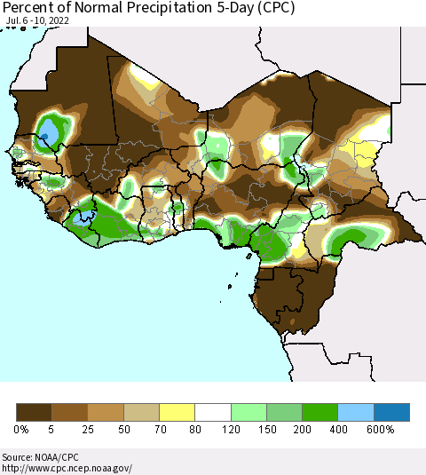 Western Africa Percent of Normal Precipitation 5-Day (CPC) Thematic Map For 7/6/2022 - 7/10/2022