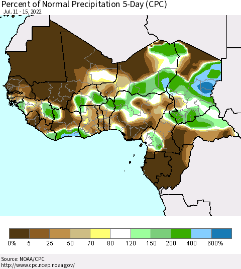 Western Africa Percent of Normal Precipitation 5-Day (CPC) Thematic Map For 7/11/2022 - 7/15/2022