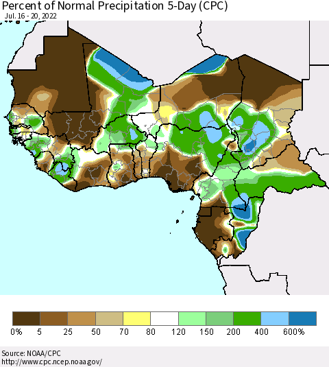 Western Africa Percent of Normal Precipitation 5-Day (CPC) Thematic Map For 7/16/2022 - 7/20/2022