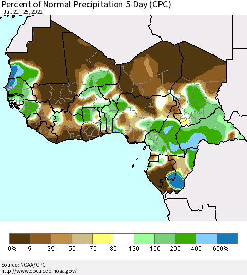 Western Africa Percent of Normal Precipitation 5-Day (CPC) Thematic Map For 7/21/2022 - 7/25/2022