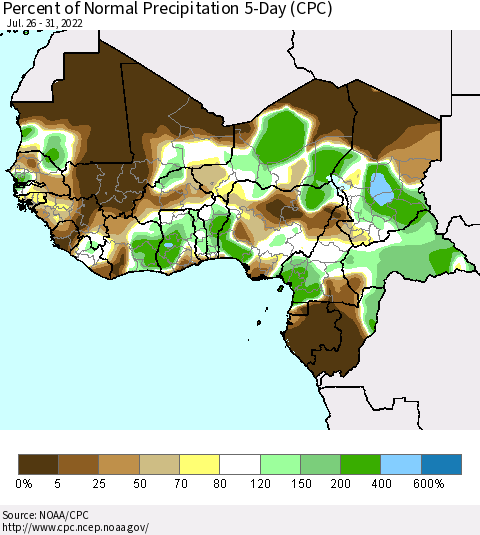 Western Africa Percent of Normal Precipitation 5-Day (CPC) Thematic Map For 7/26/2022 - 7/31/2022