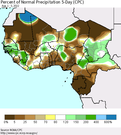 Western Africa Percent of Normal Precipitation 5-Day (CPC) Thematic Map For 8/1/2022 - 8/5/2022