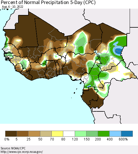Western Africa Percent of Normal Precipitation 5-Day (CPC) Thematic Map For 8/6/2022 - 8/10/2022