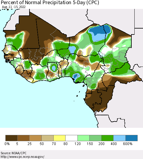 Western Africa Percent of Normal Precipitation 5-Day (CPC) Thematic Map For 8/11/2022 - 8/15/2022