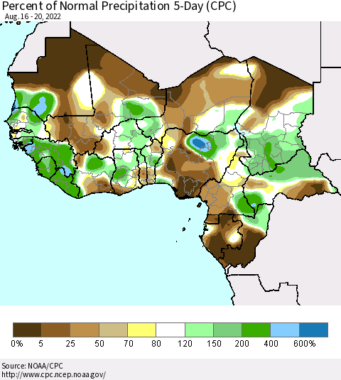 Western Africa Percent of Normal Precipitation 5-Day (CPC) Thematic Map For 8/16/2022 - 8/20/2022