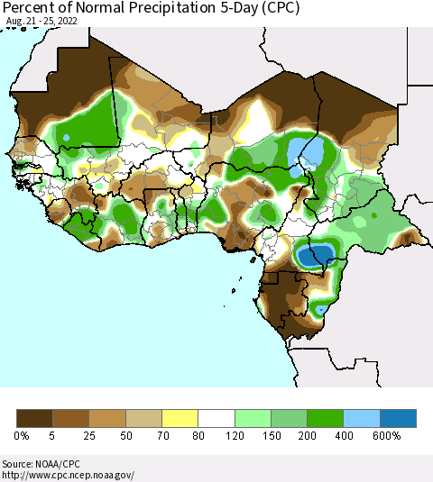 Western Africa Percent of Normal Precipitation 5-Day (CPC) Thematic Map For 8/21/2022 - 8/25/2022