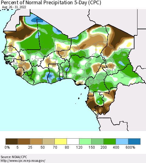 Western Africa Percent of Normal Precipitation 5-Day (CPC) Thematic Map For 8/26/2022 - 8/31/2022