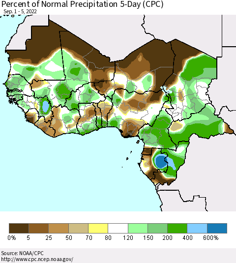 Western Africa Percent of Normal Precipitation 5-Day (CPC) Thematic Map For 9/1/2022 - 9/5/2022
