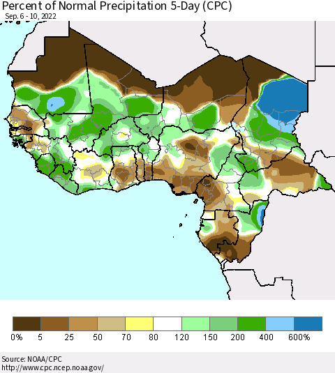 Western Africa Percent of Normal Precipitation 5-Day (CPC) Thematic Map For 9/6/2022 - 9/10/2022