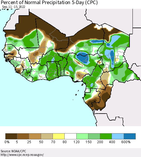 Western Africa Percent of Normal Precipitation 5-Day (CPC) Thematic Map For 9/11/2022 - 9/15/2022