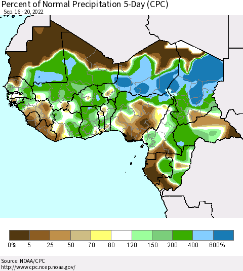 Western Africa Percent of Normal Precipitation 5-Day (CPC) Thematic Map For 9/16/2022 - 9/20/2022