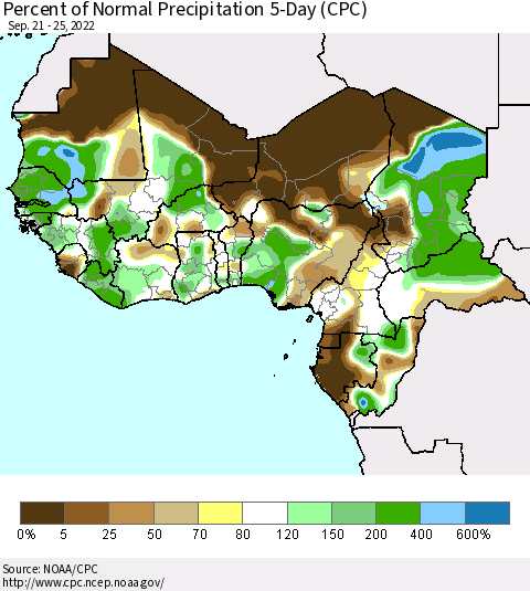 Western Africa Percent of Normal Precipitation 5-Day (CPC) Thematic Map For 9/21/2022 - 9/25/2022