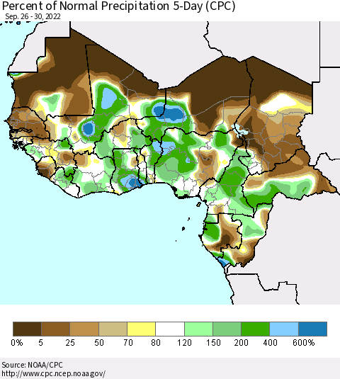 Western Africa Percent of Normal Precipitation 5-Day (CPC) Thematic Map For 9/26/2022 - 9/30/2022
