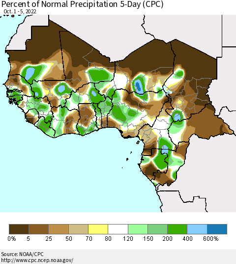 Western Africa Percent of Normal Precipitation 5-Day (CPC) Thematic Map For 10/1/2022 - 10/5/2022
