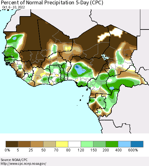 Western Africa Percent of Normal Precipitation 5-Day (CPC) Thematic Map For 10/6/2022 - 10/10/2022
