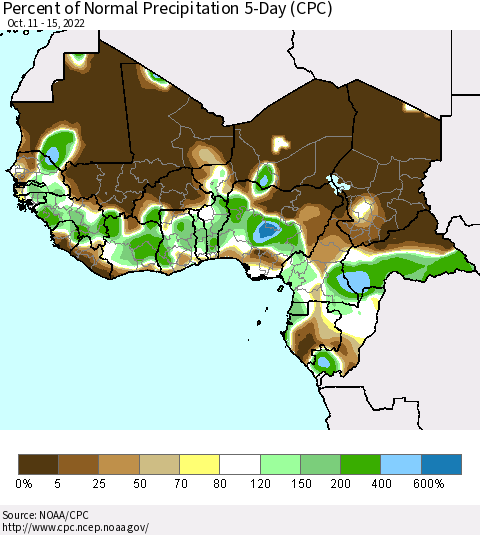Western Africa Percent of Normal Precipitation 5-Day (CPC) Thematic Map For 10/11/2022 - 10/15/2022