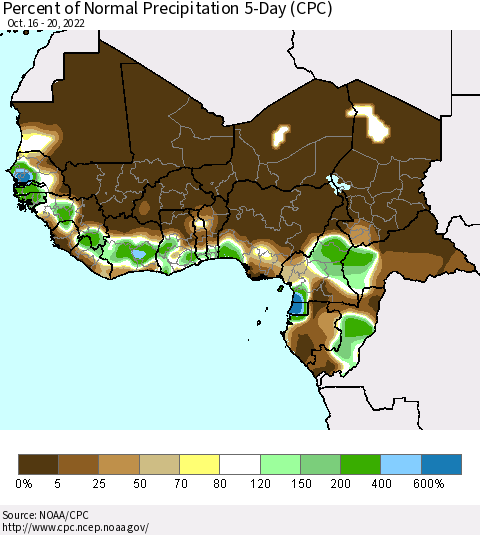 Western Africa Percent of Normal Precipitation 5-Day (CPC) Thematic Map For 10/16/2022 - 10/20/2022