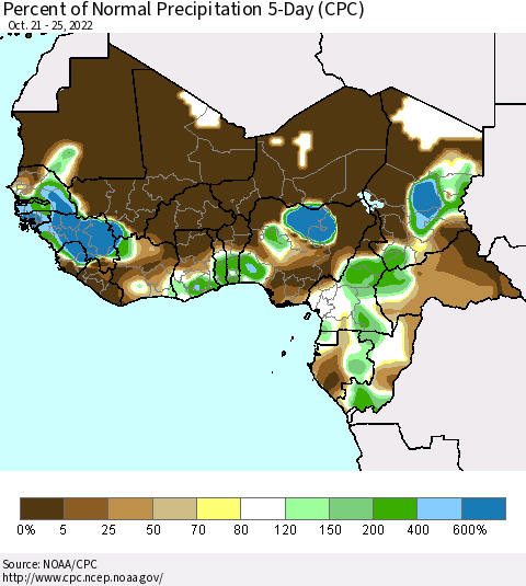 Western Africa Percent of Normal Precipitation 5-Day (CPC) Thematic Map For 10/21/2022 - 10/25/2022