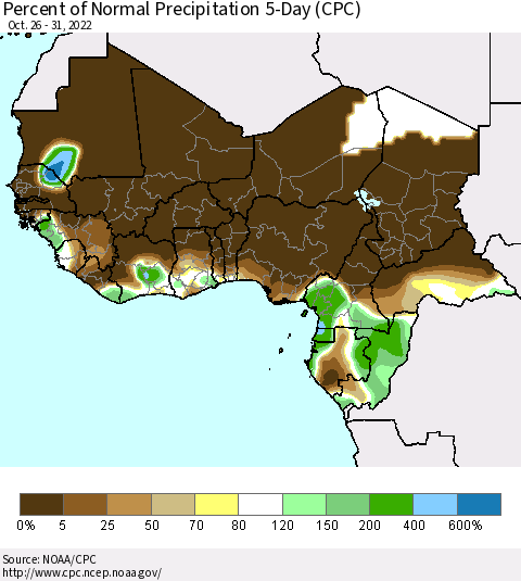 Western Africa Percent of Normal Precipitation 5-Day (CPC) Thematic Map For 10/26/2022 - 10/31/2022