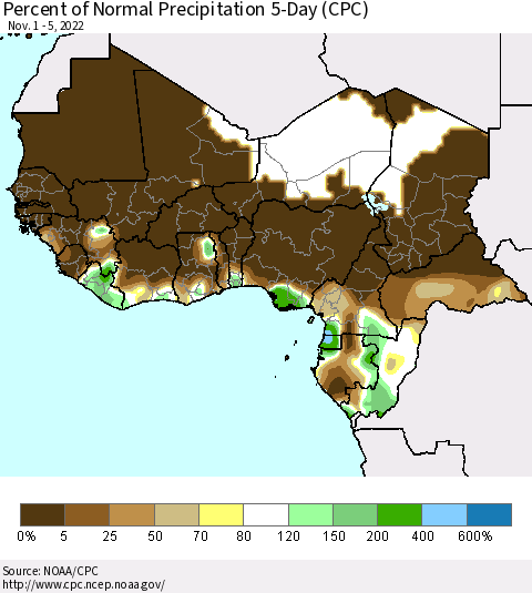 Western Africa Percent of Normal Precipitation 5-Day (CPC) Thematic Map For 11/1/2022 - 11/5/2022