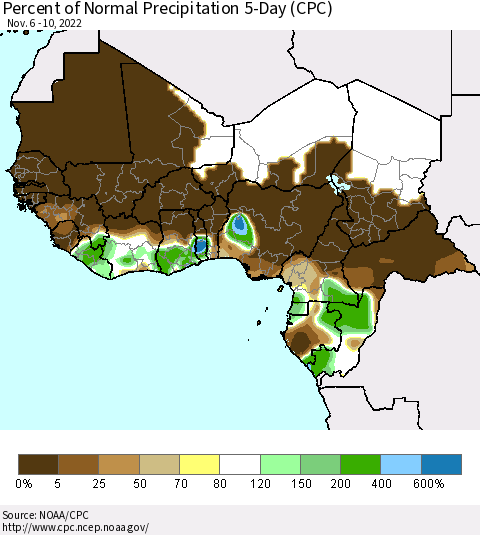 Western Africa Percent of Normal Precipitation 5-Day (CPC) Thematic Map For 11/6/2022 - 11/10/2022
