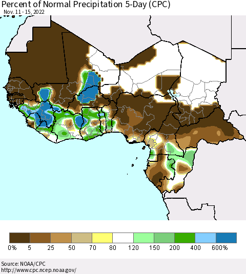 Western Africa Percent of Normal Precipitation 5-Day (CPC) Thematic Map For 11/11/2022 - 11/15/2022