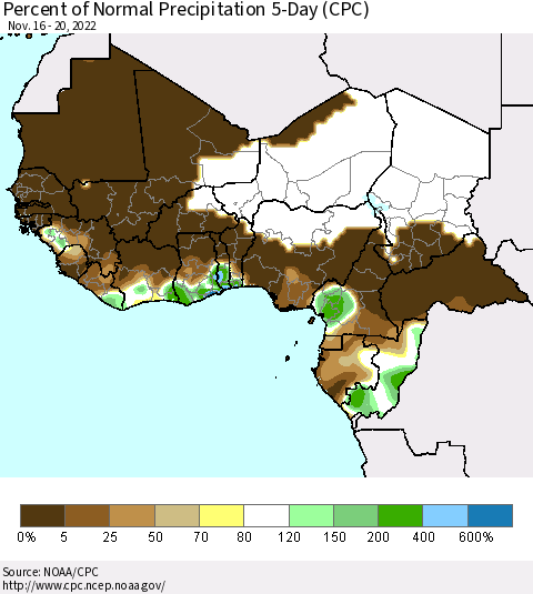 Western Africa Percent of Normal Precipitation 5-Day (CPC) Thematic Map For 11/16/2022 - 11/20/2022
