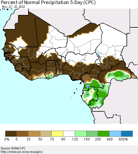 Western Africa Percent of Normal Precipitation 5-Day (CPC) Thematic Map For 11/21/2022 - 11/25/2022
