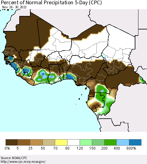 Western Africa Percent of Normal Precipitation 5-Day (CPC) Thematic Map For 11/26/2022 - 11/30/2022