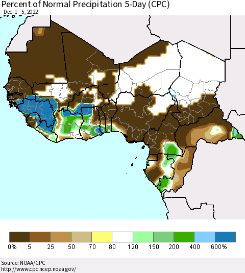Western Africa Percent of Normal Precipitation 5-Day (CPC) Thematic Map For 12/1/2022 - 12/5/2022