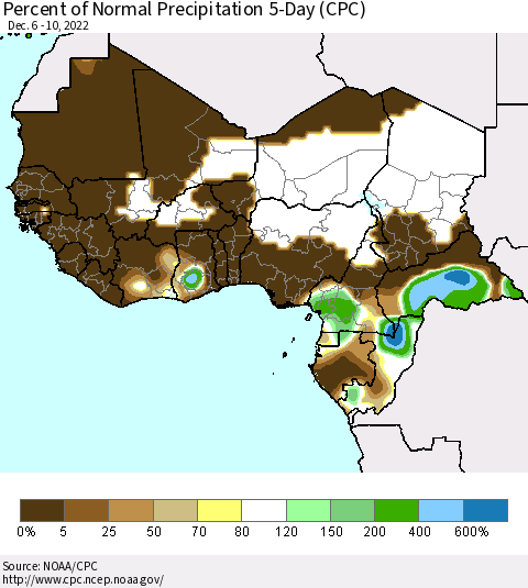 Western Africa Percent of Normal Precipitation 5-Day (CPC) Thematic Map For 12/6/2022 - 12/10/2022