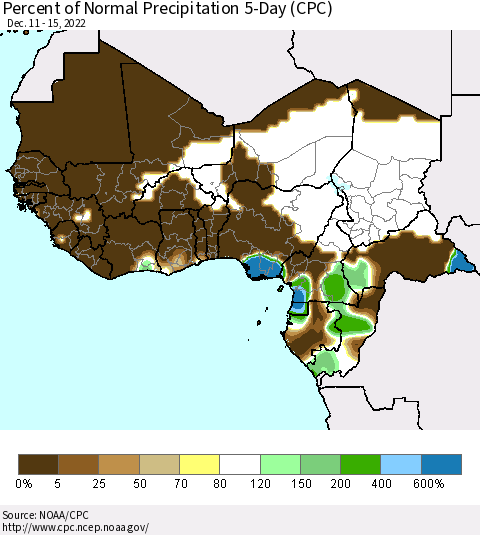 Western Africa Percent of Normal Precipitation 5-Day (CPC) Thematic Map For 12/11/2022 - 12/15/2022