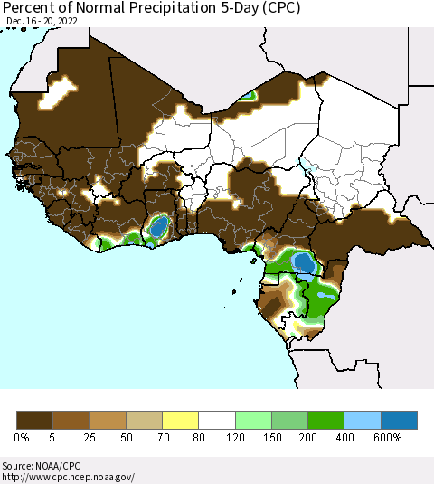 Western Africa Percent of Normal Precipitation 5-Day (CPC) Thematic Map For 12/16/2022 - 12/20/2022