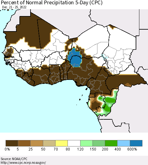 Western Africa Percent of Normal Precipitation 5-Day (CPC) Thematic Map For 12/21/2022 - 12/25/2022
