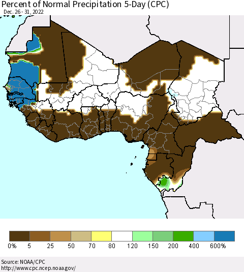 Western Africa Percent of Normal Precipitation 5-Day (CPC) Thematic Map For 12/26/2022 - 12/31/2022